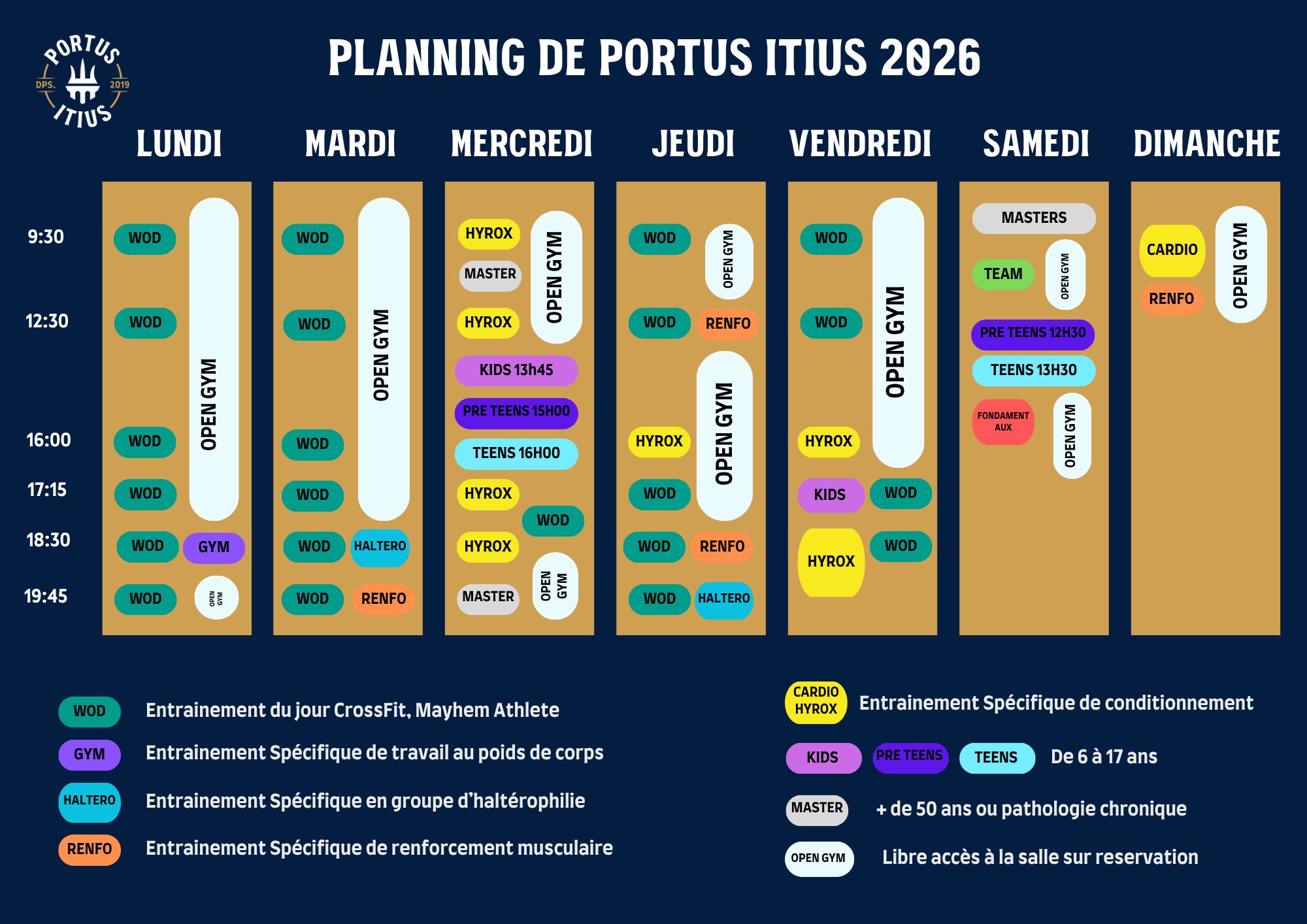 Planning Portus Itius 2026 — Tous les créneaux CrossFit, HYROX, Kids, Masters, Open Gym